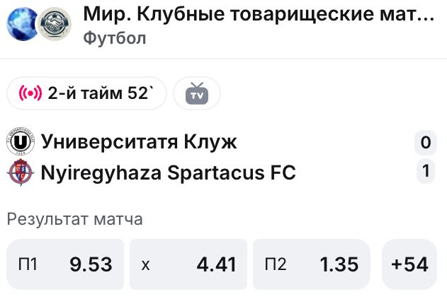 Лайв-котировки товарищеского матча Университатя Клуж — Nyiregyhaza с трансляцией
